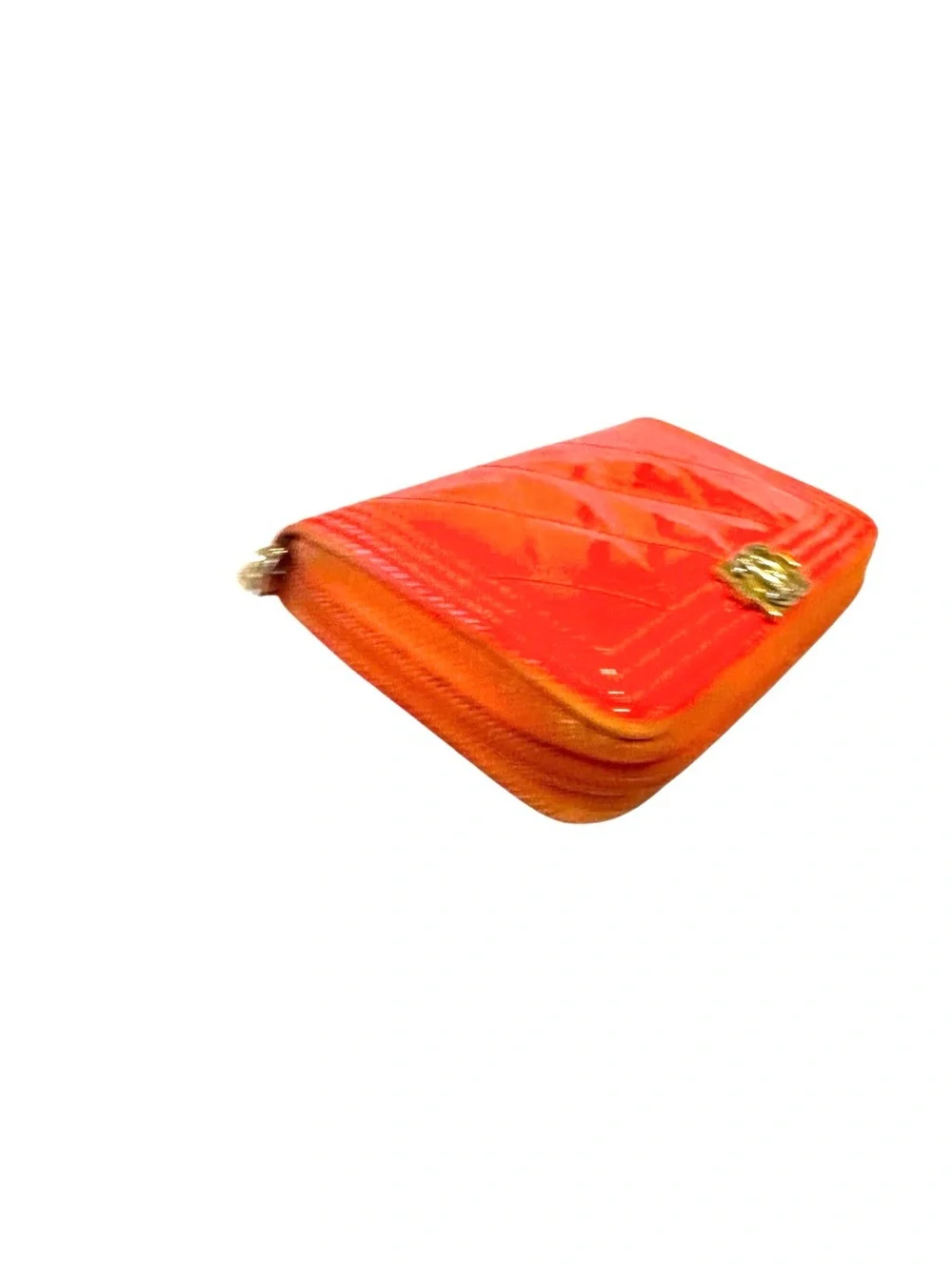 CHANEL Quilted Patent Zip Wallet in Bright Orange